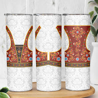 Norwegian Female Bunad Skinny Tumbler with Rosemaling Folk Art Red Color - Wonder Print Shop