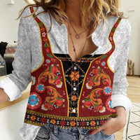 Norwegian Female Bunad Women Casual Shirt with Rosemaling Folk Art Red Color - Wonder Print Shop