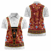 Norwegian Female Bunad Women Polo Shirt with Rosemaling Folk Art Red Color - Wonder Print Shop