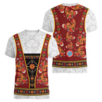 Norwegian Female Bunad Women V-Neck T-Shirt with Rosemaling Folk Art Red Color - Wonder Print Shop
