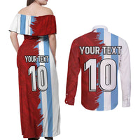 Half Argentina and Half Spain Football Couples Matching Off Shoulder Maxi Dress and Long Sleeve Button Shirt Grunge Style - Wonder Print Shop