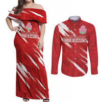 Custom Rugby Japan Couples Matching Off Shoulder Maxi Dress and Long Sleeve Button Shirt The Champion Brave Blossoms Red Color - Wonder Print Shop