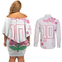 Custom Rugby Japan Couples Matching Off Shoulder Short Dress and Long Sleeve Button Shirt The Champion Brave Blossoms White Color - Wonder Print Shop