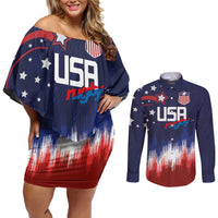 Custom Rugby USA Couples Matching Off Shoulder Short Dress and Long Sleeve Button Shirt American Icon - Wonder Print Shop