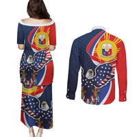 Filipino American History Month Couples Matching Puletasi and Long Sleeve Button Shirt USA Eagle and Philippines Sun Symbol with National Flag - Wonder Print Shop