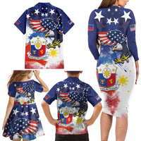 Filipino American History Month Family Matching Long Sleeve Bodycon Dress and Hawaiian Shirt USA Eagle and Philippines Coat of Arms Symbol with National Flag - Wonder Print Shop