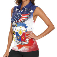 Filipino American History Month Women Sleeveless Polo Shirt USA Eagle and Philippines Coat of Arms Symbol with National Flag - Wonder Print Shop