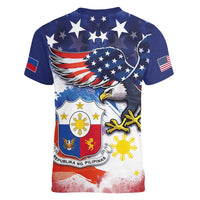 Filipino American History Month Women V-Neck T-Shirt USA Eagle and Philippines Coat of Arms Symbol with National Flag - Wonder Print Shop
