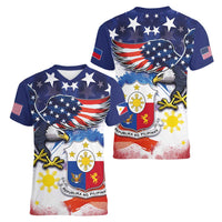 Filipino American History Month Women V-Neck T-Shirt USA Eagle and Philippines Coat of Arms Symbol with National Flag - Wonder Print Shop