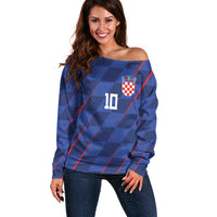 Custom Croatia National Football Off Shoulder Sweater The Checkered Blue Version - Wonder Print Shop