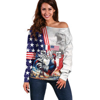 French-American Heritage Month Off Shoulder Sweater National Flags Style with Rooster and Bald Eagle - Wonder Print Shop