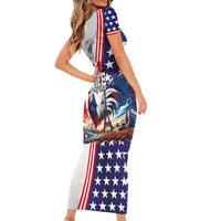 French-American Heritage Month Short Sleeve Bodycon Dress National Flags Style with Rooster and Bald Eagle - Wonder Print Shop