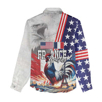 French-American Heritage Month Women Casual Shirt National Flags Style with Rooster and Bald Eagle - Wonder Print Shop