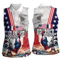 French-American Heritage Month Women Sleeveless Polo Shirt National Flags Style with Rooster and Bald Eagle - Wonder Print Shop