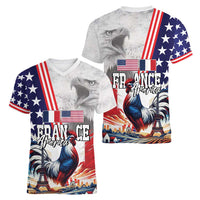 French-American Heritage Month Women V-Neck T-Shirt National Flags Style with Rooster and Bald Eagle - Wonder Print Shop