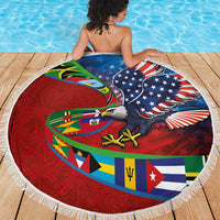 Caribbean-American Heritage Month Beach Blanket National Flags Ribbon Wave Style with US Flag Eagle - Wonder Print Shop