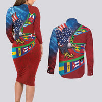 Caribbean-American Heritage Month Couples Matching Long Sleeve Bodycon Dress and Long Sleeve Button Shirt National Flags Ribbon Wave Style with US Flag Eagle - Wonder Print Shop