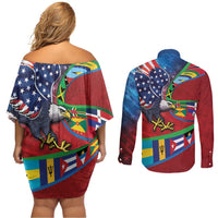 Caribbean-American Heritage Month Couples Matching Off Shoulder Short Dress and Long Sleeve Button Shirt National Flags Ribbon Wave Style with US Flag Eagle - Wonder Print Shop