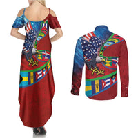 Caribbean-American Heritage Month Couples Matching Summer Maxi Dress and Long Sleeve Button Shirt National Flags Ribbon Wave Style with US Flag Eagle - Wonder Print Shop