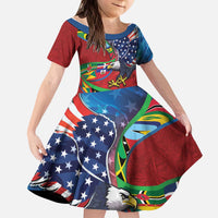 Caribbean-American Heritage Month Kid Short Sleeve Dress National Flags Ribbon Wave Style with US Flag Eagle - Wonder Print Shop