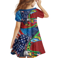 Caribbean-American Heritage Month Kid Short Sleeve Dress National Flags Ribbon Wave Style with US Flag Eagle - Wonder Print Shop