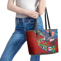 Caribbean-American Heritage Month Leather Tote Bag National Flags Ribbon Wave Style with US Flag Eagle - Wonder Print Shop