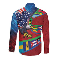 Caribbean-American Heritage Month Long Sleeve Button Shirt National Flags Ribbon Wave Style with US Flag Eagle - Wonder Print Shop