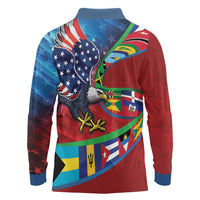 Caribbean-American Heritage Month Long Sleeve Polo Shirt National Flags Ribbon Wave Style with US Flag Eagle - Wonder Print Shop