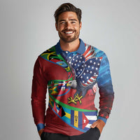 Caribbean-American Heritage Month Long Sleeve Polo Shirt National Flags Ribbon Wave Style with US Flag Eagle - Wonder Print Shop