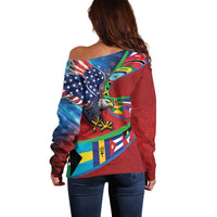 Caribbean-American Heritage Month Off Shoulder Sweater National Flags Ribbon Wave Style with US Flag Eagle - Wonder Print Shop