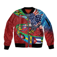 Caribbean-American Heritage Month Sleeve Zip Bomber Jacket National Flags Ribbon Wave Style with US Flag Eagle - Wonder Print Shop
