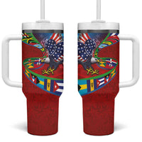 Caribbean-American Heritage Month Tumbler With Handle National Flags Ribbon Wave Style with US Flag Eagle - Wonder Print Shop
