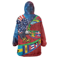 Caribbean-American Heritage Month Wearable Blanket Hoodie National Flags Ribbon Wave Style with US Flag Eagle - Wonder Print Shop
