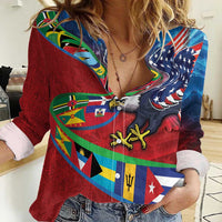 Caribbean-American Heritage Month Women Casual Shirt National Flags Ribbon Wave Style with US Flag Eagle - Wonder Print Shop