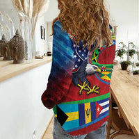 Caribbean-American Heritage Month Women Casual Shirt National Flags Ribbon Wave Style with US Flag Eagle - Wonder Print Shop