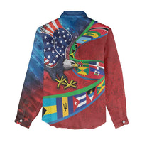 Caribbean-American Heritage Month Women Casual Shirt National Flags Ribbon Wave Style with US Flag Eagle - Wonder Print Shop
