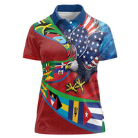 Caribbean-American Heritage Month Women Polo Shirt National Flags Ribbon Wave Style with US Flag Eagle - Wonder Print Shop