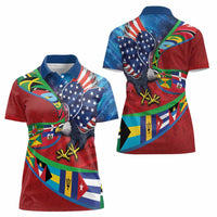 Caribbean-American Heritage Month Women Polo Shirt National Flags Ribbon Wave Style with US Flag Eagle - Wonder Print Shop