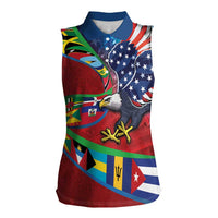 Caribbean-American Heritage Month Women Sleeveless Polo Shirt National Flags Ribbon Wave Style with US Flag Eagle - Wonder Print Shop
