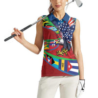 Caribbean-American Heritage Month Women Sleeveless Polo Shirt National Flags Ribbon Wave Style with US Flag Eagle - Wonder Print Shop