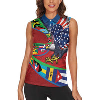 Caribbean-American Heritage Month Women Sleeveless Polo Shirt National Flags Ribbon Wave Style with US Flag Eagle - Wonder Print Shop
