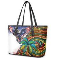Caribbean American Together Leather Tote Bag USA Flag Eagle and Coloful Palm Tree - Wonder Print Shop
