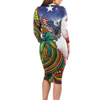 Caribbean American Together Long Sleeve Bodycon Dress USA Flag Eagle and Coloful Palm Tree - Wonder Print Shop