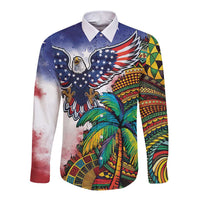 Caribbean American Together Long Sleeve Button Shirt USA Flag Eagle and Coloful Palm Tree - Wonder Print Shop
