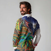 Caribbean American Together Long Sleeve Polo Shirt USA Flag Eagle and Coloful Palm Tree - Wonder Print Shop