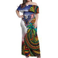 Caribbean American Together Off Shoulder Maxi Dress USA Flag Eagle and Coloful Palm Tree - Wonder Print Shop