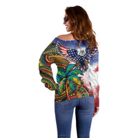 Caribbean American Together Off Shoulder Sweater USA Flag Eagle and Coloful Palm Tree - Wonder Print Shop