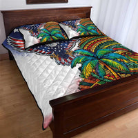 Caribbean American Together Quilt Bed Set USA Flag Eagle and Coloful Palm Tree - Wonder Print Shop