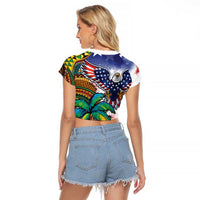 Caribbean American Together Raglan Cropped T Shirt USA Flag Eagle and Coloful Palm Tree - Wonder Print Shop