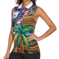 Caribbean American Together Women Sleeveless Polo Shirt USA Flag Eagle and Coloful Palm Tree - Wonder Print Shop